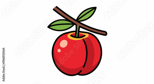 A bright red cartoon apple with green leaves hangs from a brown branch