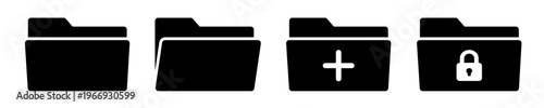 Folder icon set with open add actions and lock folder symbols actions. File management UI icons for storage,  file manager, app interface and data organization