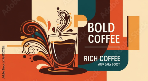 Top view flat lay illustration of coffee brewing equipment, a cup of coffee, fresh croissant, leaves, and coffee beans on a light beige background.