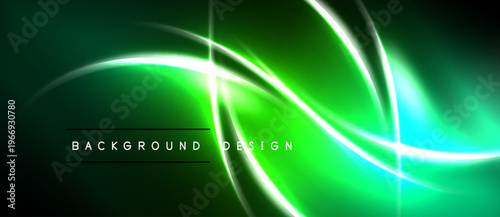 Abstract green neon lines create dynamic background. Smooth curves intersect, forming bright energy flow. Dark space surrounds luminous design.