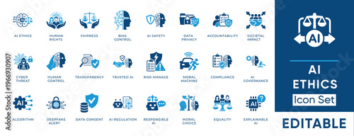 Editable AI ethics and artificial intelligence vector icon set featuring fairness, data privacy, cyber threat, and human rights symbols.
