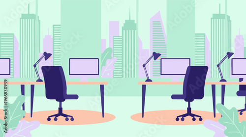 Modern office interior with computers and chairs, city skyline background