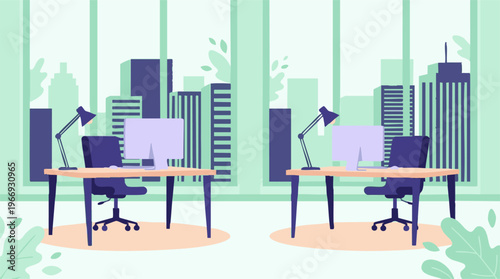 Modern office interior with two workstations, computers, and city skyline view