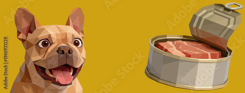 pets banner with happy french bulldog and canned meat for pet food branding, geometric style, vector illustration