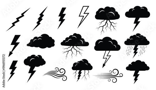 Collection of weather icons featuring various lightning bolt designs, dark storm clouds, rain symbols, and wind gusts, ideal for forecasting applications, warning indicators, or