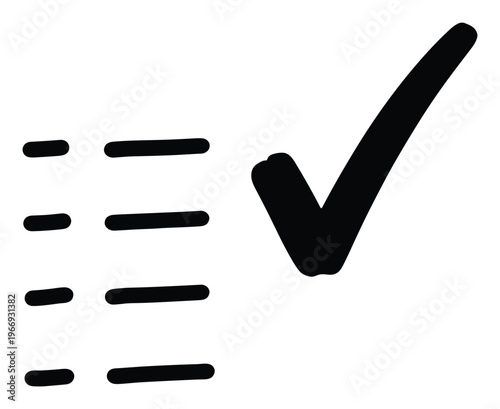 Simple hand drawn checkmark symbol with bullet point list icon representing completed tasks or confirmed items for business productivity application interface