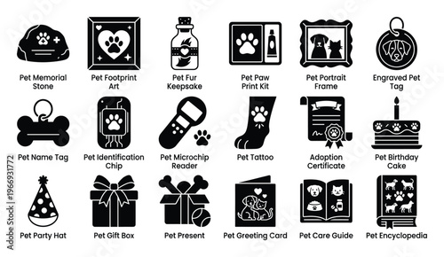 Comprehensive collection of pet themed icons representing remembrance, care, celebration, identification, and gifting, perfect for veterinary clinics, pet adoption agencies, and online pet