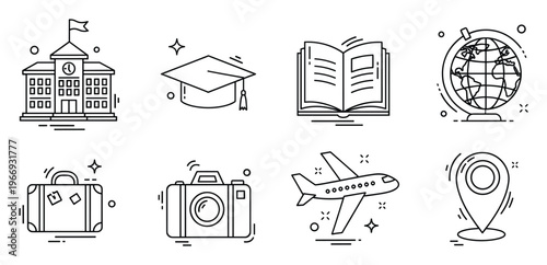 A collection of education and travel themed linear icons representing learning, academic success, tourism, and global adventure for various digital and print media applications.