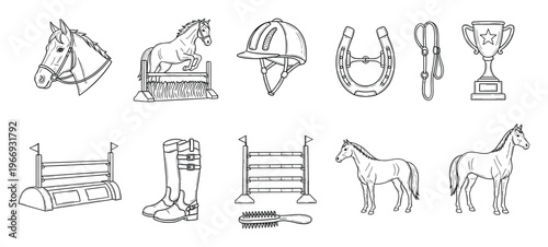 Collection of hand drawn equestrian equipment and horse illustrations perfect for stable event invitations brochures or riding school promotional materials