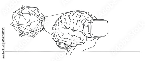 Human brain wearing virtual reality headset linked to a geometric network symbolizing immersive experiences and future technology for science and education publications.