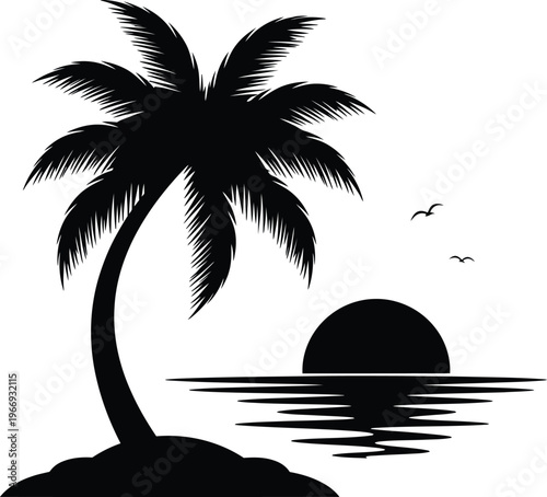 Serene Tropical Island Sunset with Palm Tree Silhouette.
