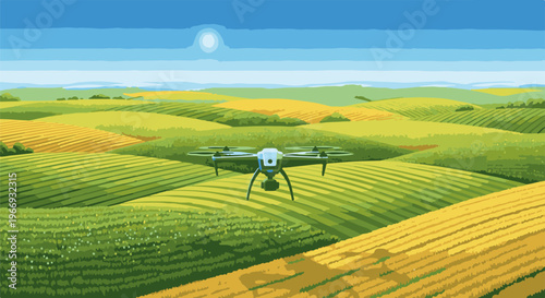 Drone flying over rolling agricultural fields under a bright sun