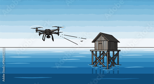 Drone hovers over water, aiming at a stilt house