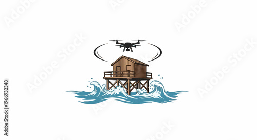 Drone surveys remote stilt house amidst crashing ocean waves