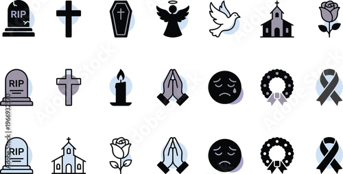 Funeral memorial mourning grief sympathy church cross angel dove candle rip remembrance vector icon set death condolence illustration pack