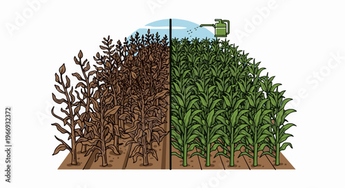 Dry, brown crops contrast with vibrant green ones watered from above