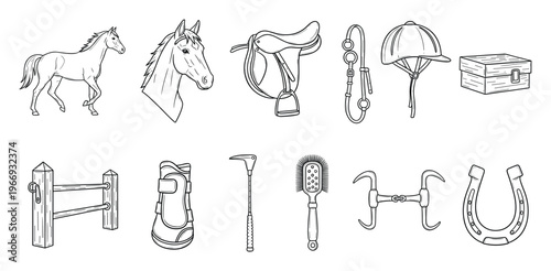Collection of horse riding and grooming equipment for equestrian sport enthusiasts featuring saddles, bridles, and horseshoes for stable and farm related learning materials