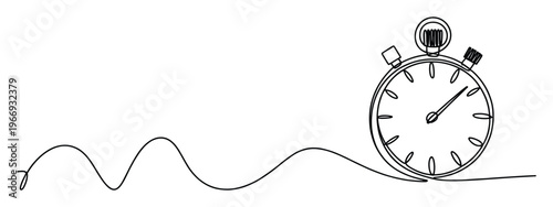Monoline drawing of a mechanical stopwatch with a winding line representing the flow of time, ideal for themes of deadlines, time management, and progress tracking in various projects