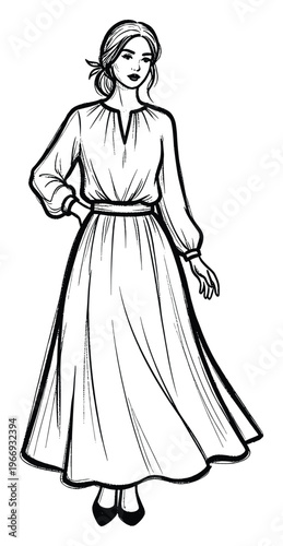 Fashionable woman wearing a long flowing dress with cinched waist and Vneckline perfect for clothing presentations and apparel design projects