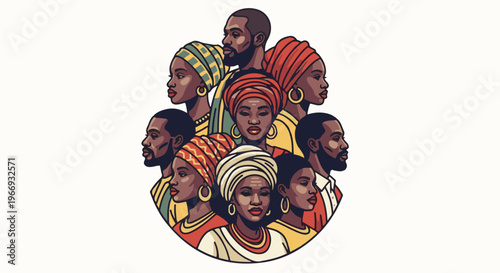Diverse group of people with heads and shoulders in traditional African headwear