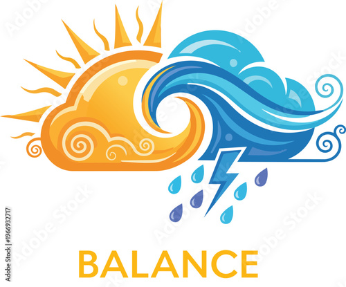 Symbolic Weather Concept of a Single Fluffy Cloud split into Half Bright Sun and Half Rain Representing Balance Duality Resillience Nature Cycles and Harmony in Atmosphere