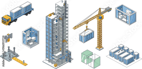 Modular Construction and Prefabricated Building System Set Featuring Crane Installation, Container Units, Structural Assembly and Modern Architecture Vector Illustration