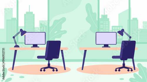 Minimalist office interior with two empty workstations and city view