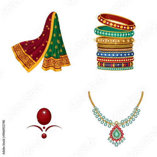 Traditional Indian Sari, Bangles, and Necklace with Gemstones.