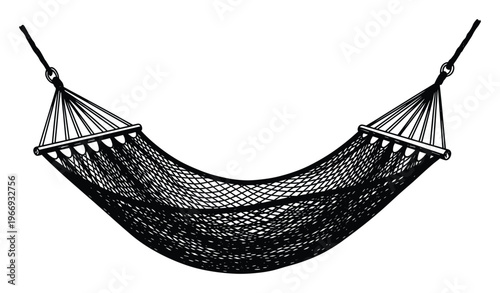 Classic black outline drawing of a woven hammock perfect for summer vacation advertisements, outdoor lifestyle marketing, and leisure activity promotions