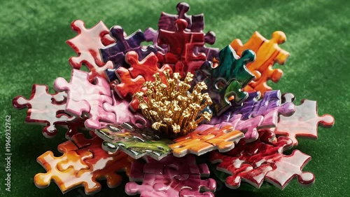 Puzzle Pieces Transforming into Blooming Art on a Green Surface
