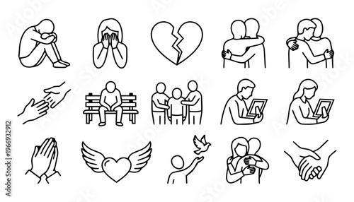 Grief, Support and Emotional Healing Outline Icon Set – Mourning, Comfort, Loss, Therapy and Mental Health Symbols