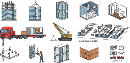 Modular Construction Process and Prefabricated Building System Featuring Transport, Crane Installation, Unit Assembly and Structural Components Vector Illustration Set