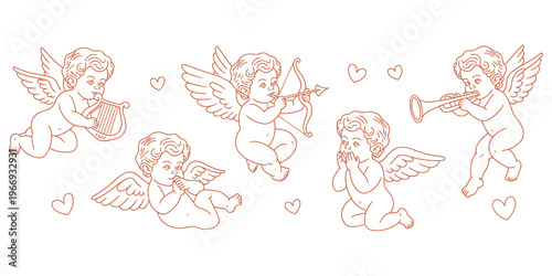Adorable Cherubs with Musical Instruments and Cupid's Bow Keywords: cherub, cupid, angel, love, romance, valentine, music, harp
