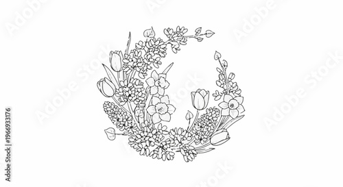 Delicate floral crescent with tulips, daffodils, and hyacinths