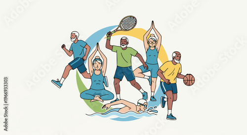 Diverse active seniors enjoying sports and yoga in vibrant colors