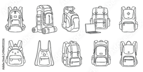 Diverse backpack designs featuring travel bags, school packs, and hiking gear outlines suitable for educational resources, outdoor adventure planning, and commercial product marketing