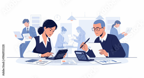 Diverse business professionals collaborate in an office setting using technology