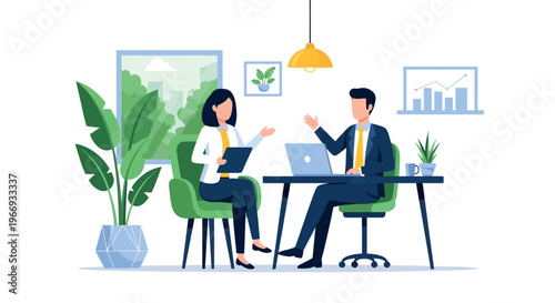 Business professionals discussing in a modern office flat vector illustration for meetings interview