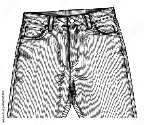 Detailed line drawing of the upper front section of classic denim pants showcasing essential features like belt loops, button closure, and pocket stitching, ideal for clothing industry