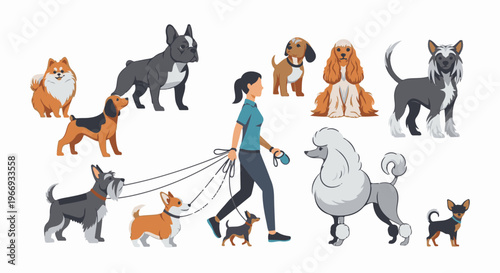 Diverse dogs on leashes with a walker, depicted in pixel art style