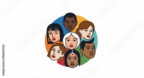 Diverse faces arranged in a circle against a white background, depicting unity