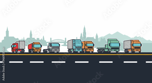 Diverse fleet of semi-trucks parked along a highway with cityscape background