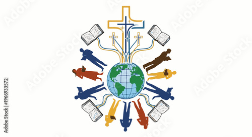 Diverse figures embracing global knowledge and faith through open books and crosses