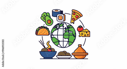 Diverse global foods surround a stylized Earth illustration