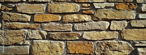 Close-up of an irregular stone wall with warm-toned bricks arranged in a haphazard pattern