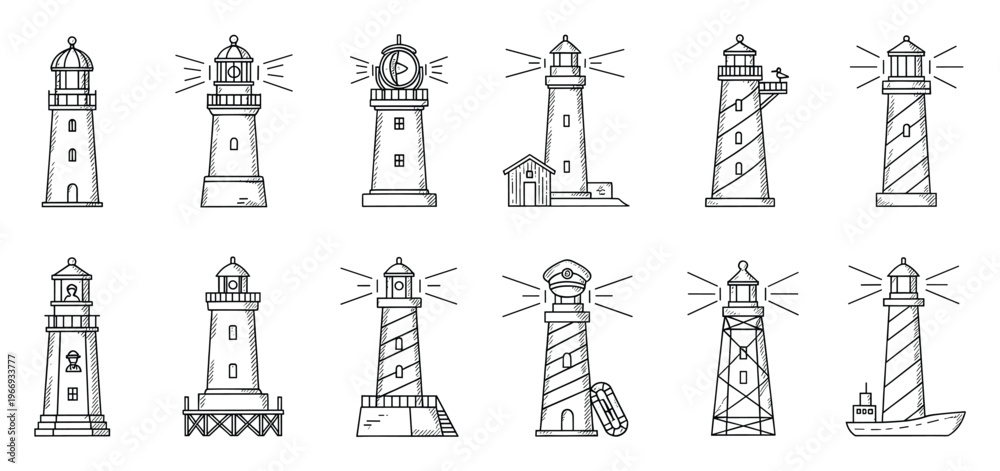 Naklejka premium A comprehensive collection of diverse lighthouses presented as outline drawings, perfect for graphic design projects, educational resources, and nauticalthemed web graphics for maritime