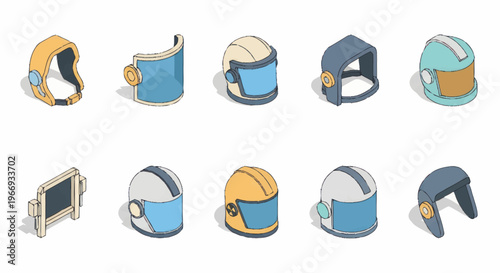 Collection of diverse futuristic helmets and headwear isometric icons.