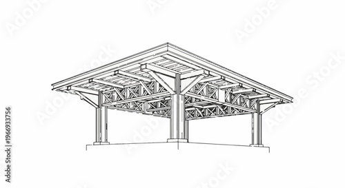 Detailed line drawing of a rustic open-air shelter with a complex wooden roof structure