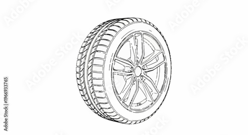 Detailed sketch of a vehicle tire and rim, showing tread pattern