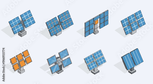 Set of Isometric Solar Panel Illustrations.